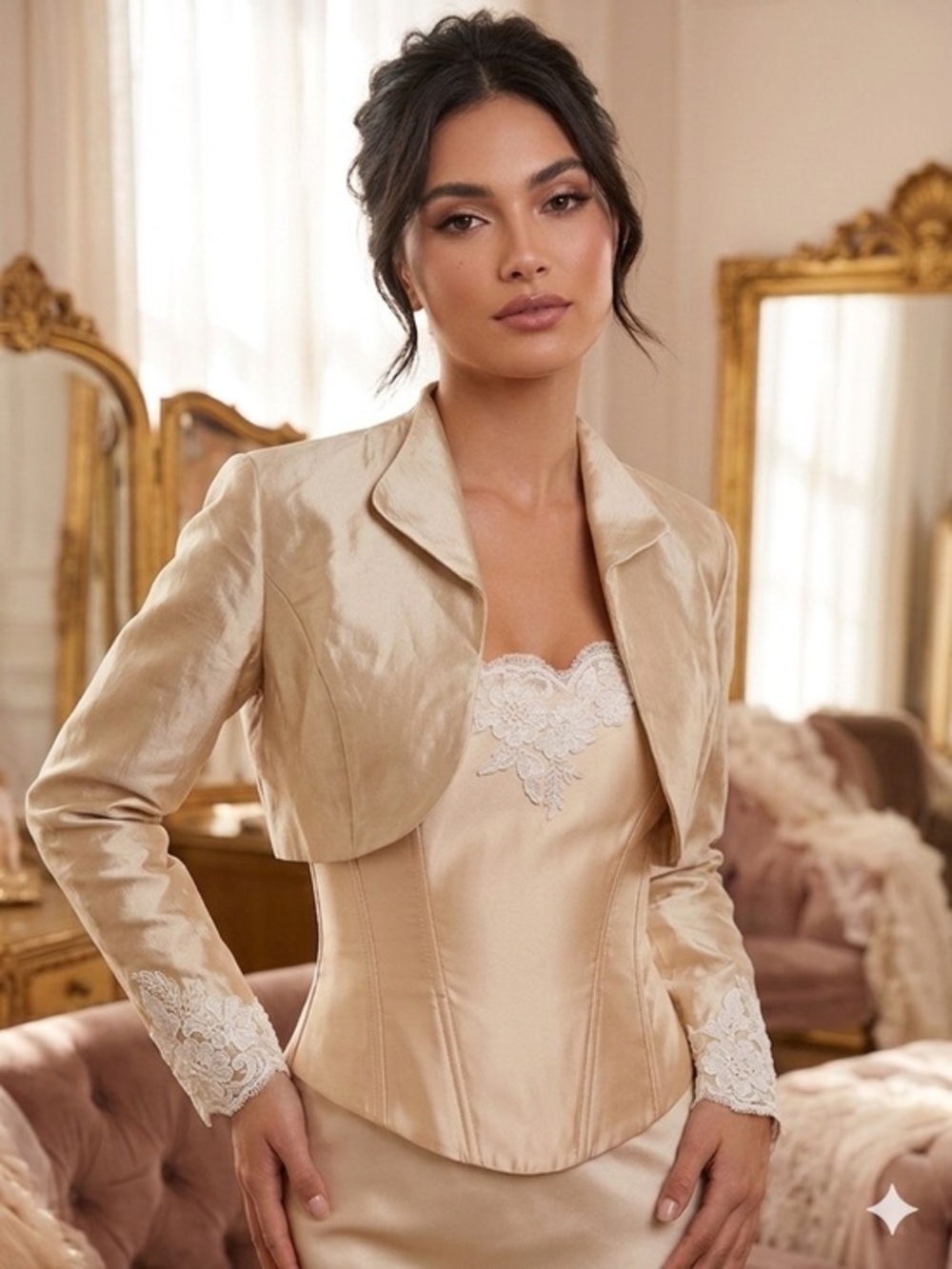 VTG Jovani Size 12 Silk 2 Piece Formal Corset & Jacket Wedding Evening Champagne
